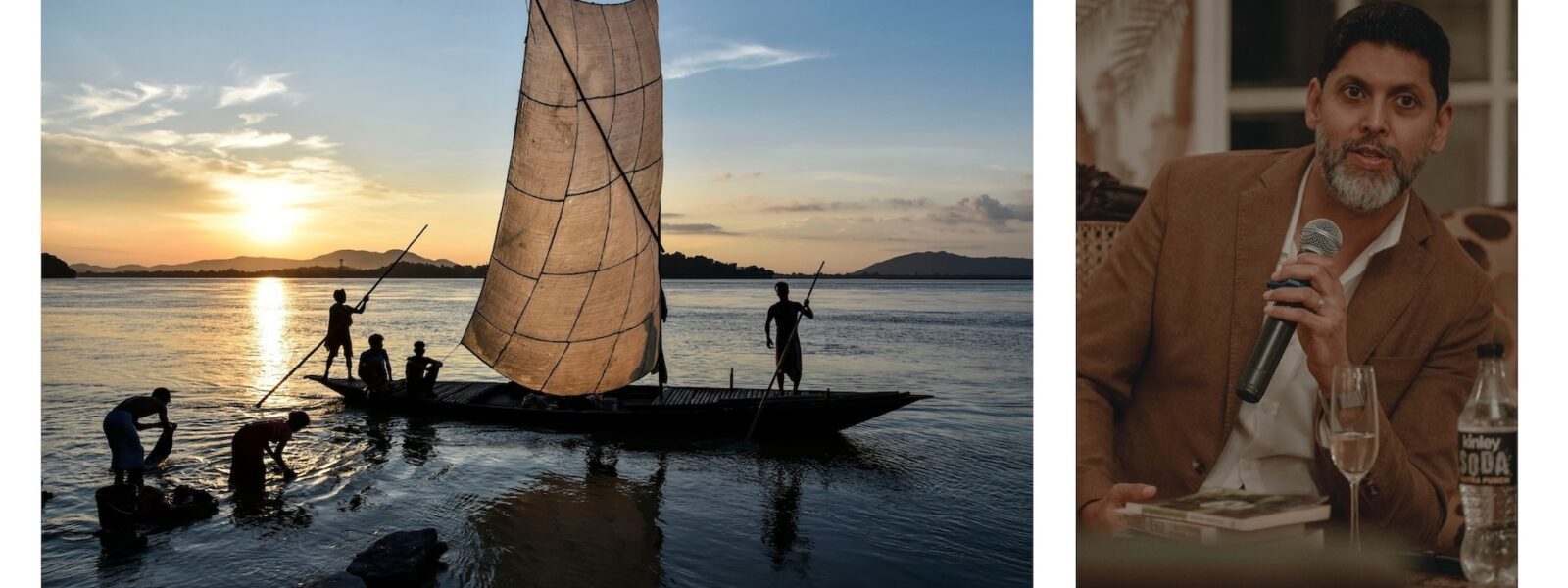 Boat on the Brahmaputra and Abir Mukherjee speaking in Kolkaka