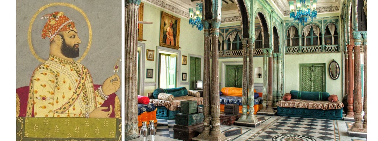 Images from our textiles journey in Bengal - a miniature of Murshid Quli Khan; and interior of Bari Kothi hotel
