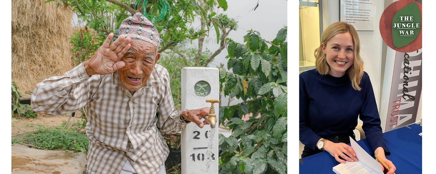 Gurkha Veteran saluting and Hannah Watson signing books