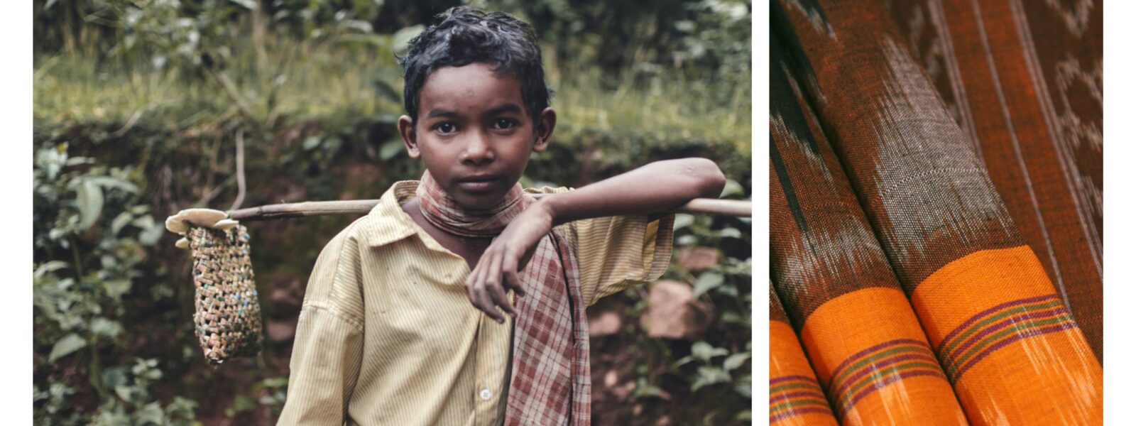 A child with a bag of mushroom clinging onto his stick used for rearing cattle; Ikat - Odisha, India (Parij Borgohain; GiTAGGED)