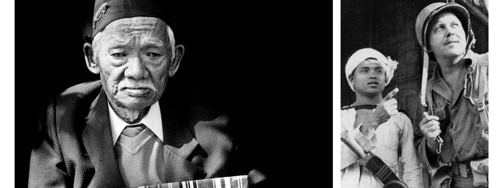 Gurkha veteran Lachhmina Gurung; United Press correspondent Frank Hewlett, talks with his Kachin guide